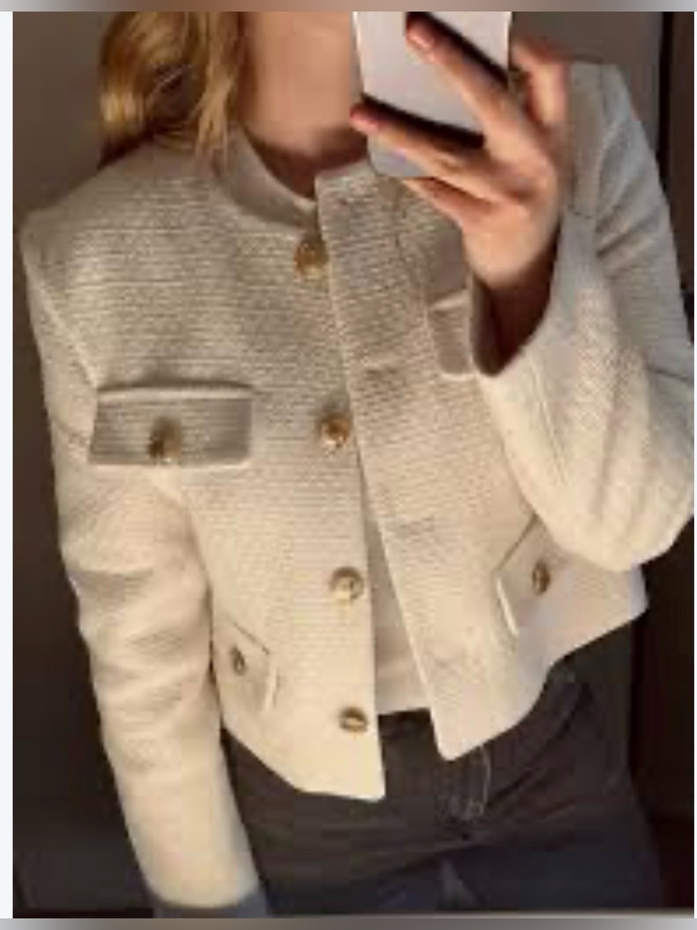 ZARA Off-White Tweed Cropped Blazer with Gold Buttons XS